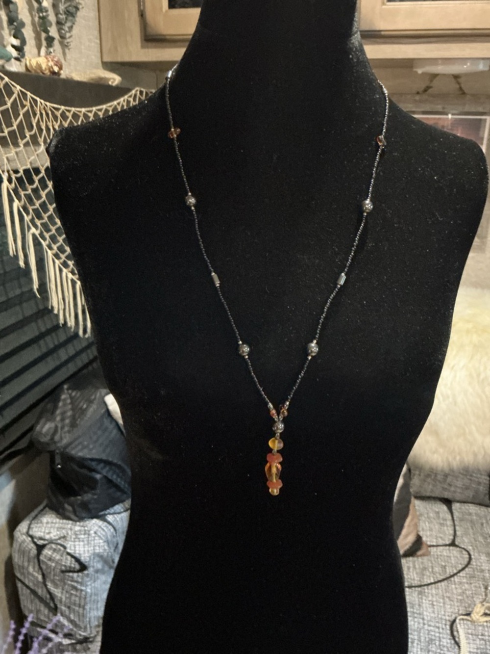 Amber , Jet and Hematite Beaded Necklace 16”